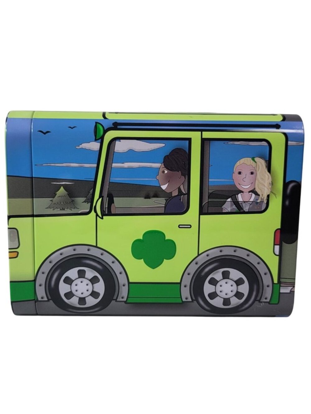 Girl Scouts 2019 Tin Box Lid Green Jeep Car Road Trip Trophy Nut Cookie EMPTY